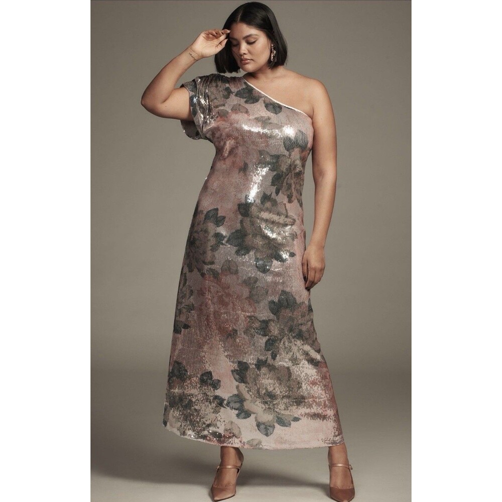 Anthropologie Porridge Maxi Dress Pink Sequin One Shoulder Preppy Large NWT